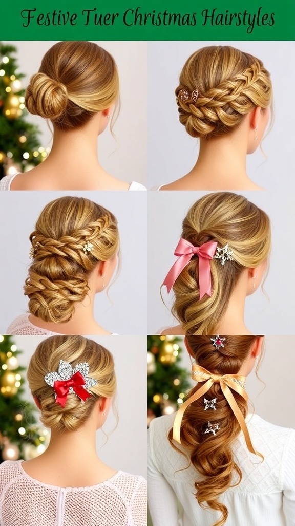 Festive Christmas Hairstyles A collection of stylish Christmas hairstyles including a bun, braid, and ponytail with festive decorations.